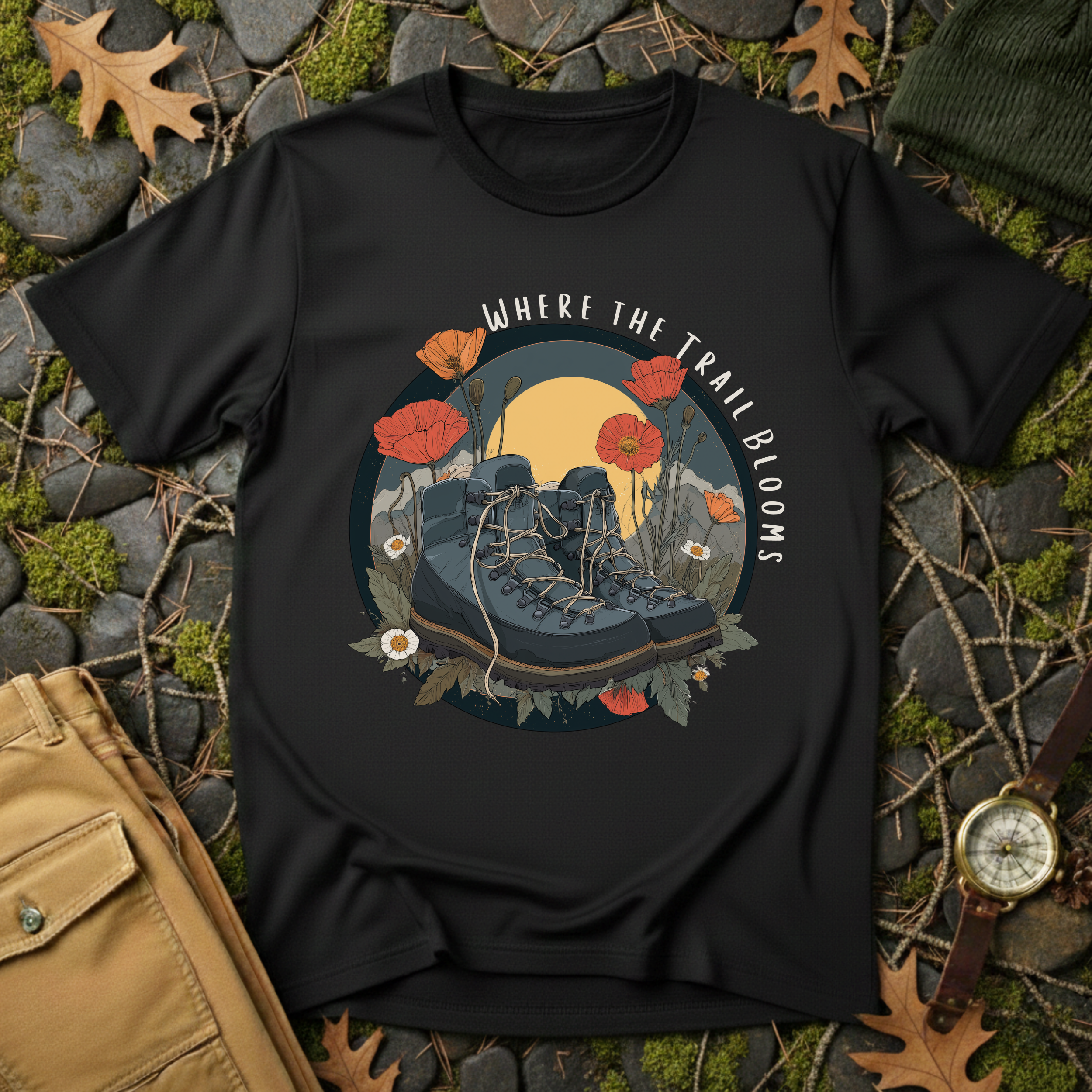 Trail Bloom Wanderer - Hiking Boots & Wildflower T-Shirt