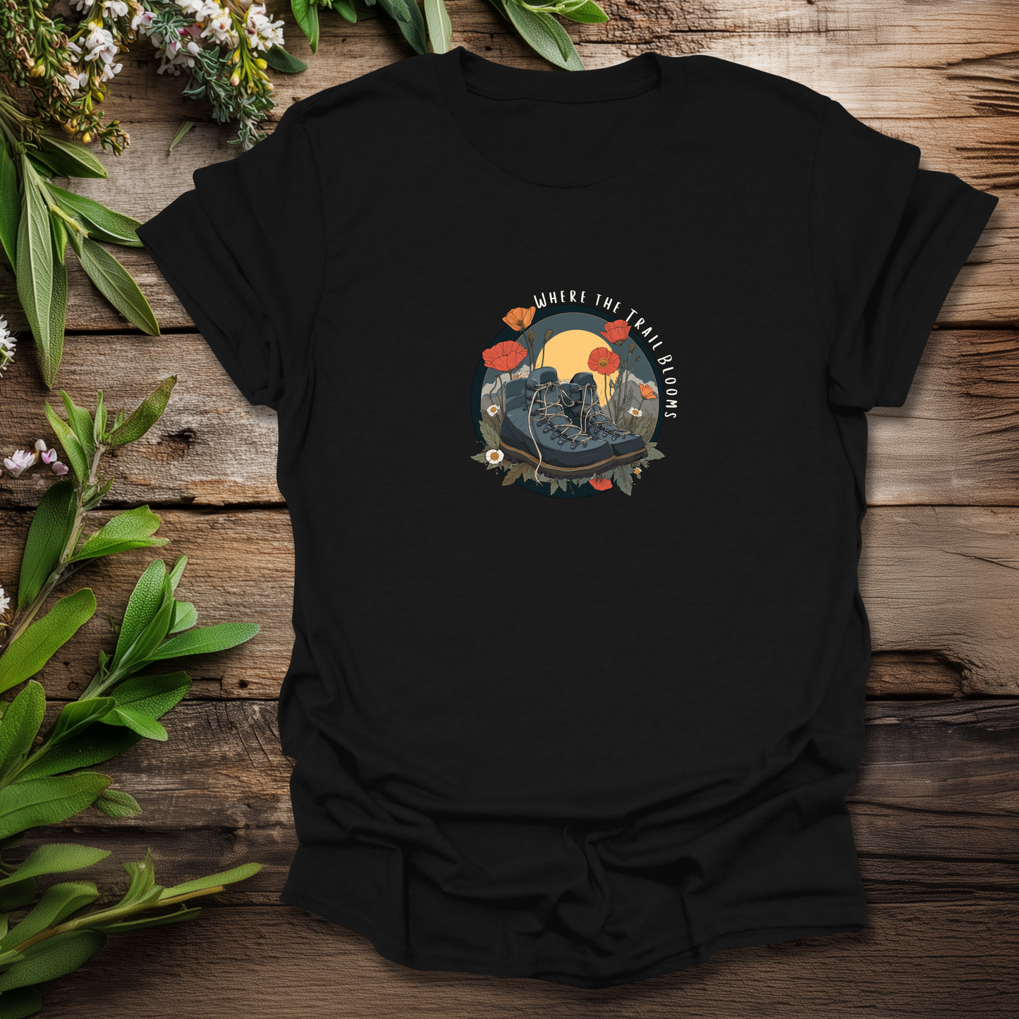 Trail Bloom Wanderer - Hiking Boots & Wildflower T-Shirt