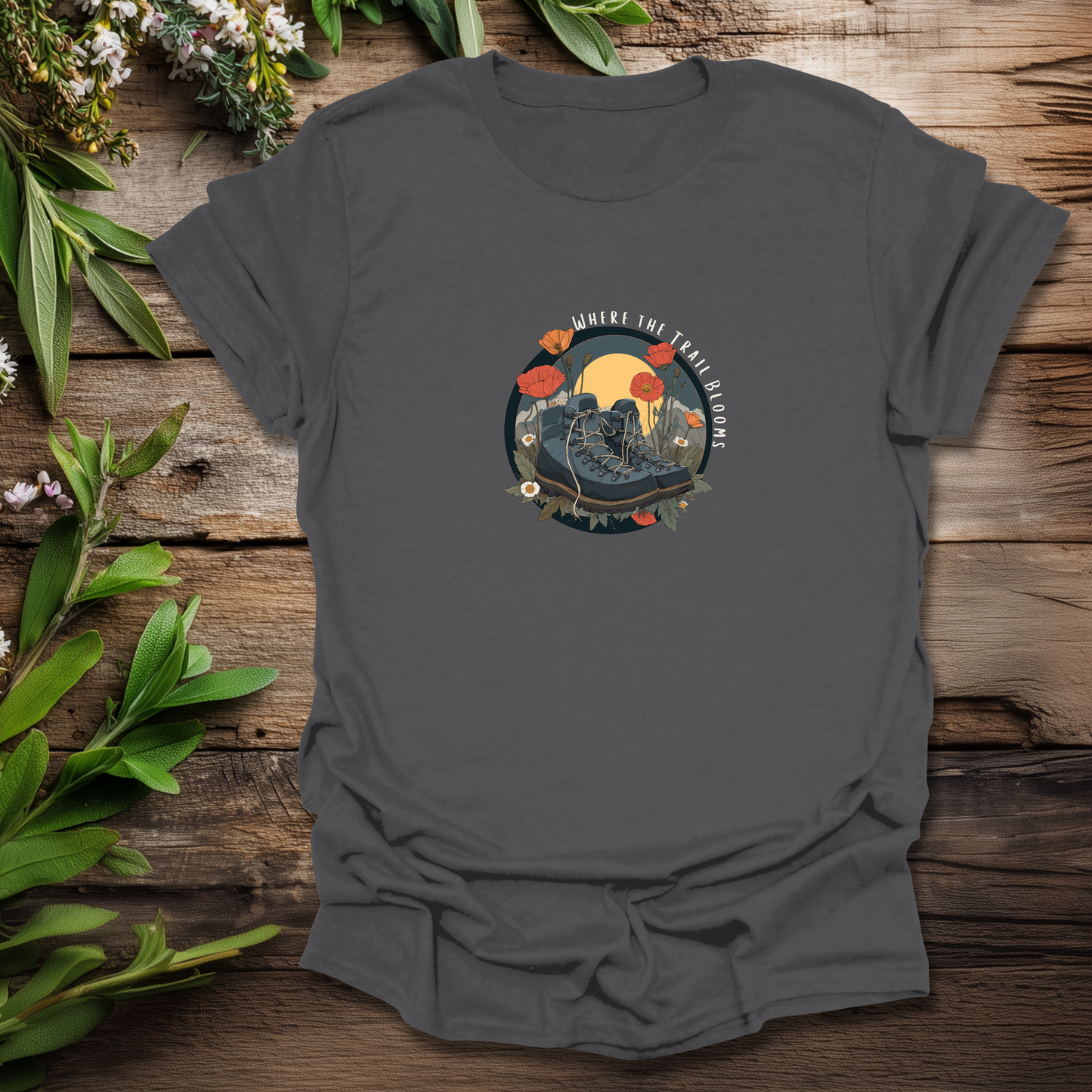 Trail Bloom Wanderer - Hiking Boots & Wildflower T-Shirt
