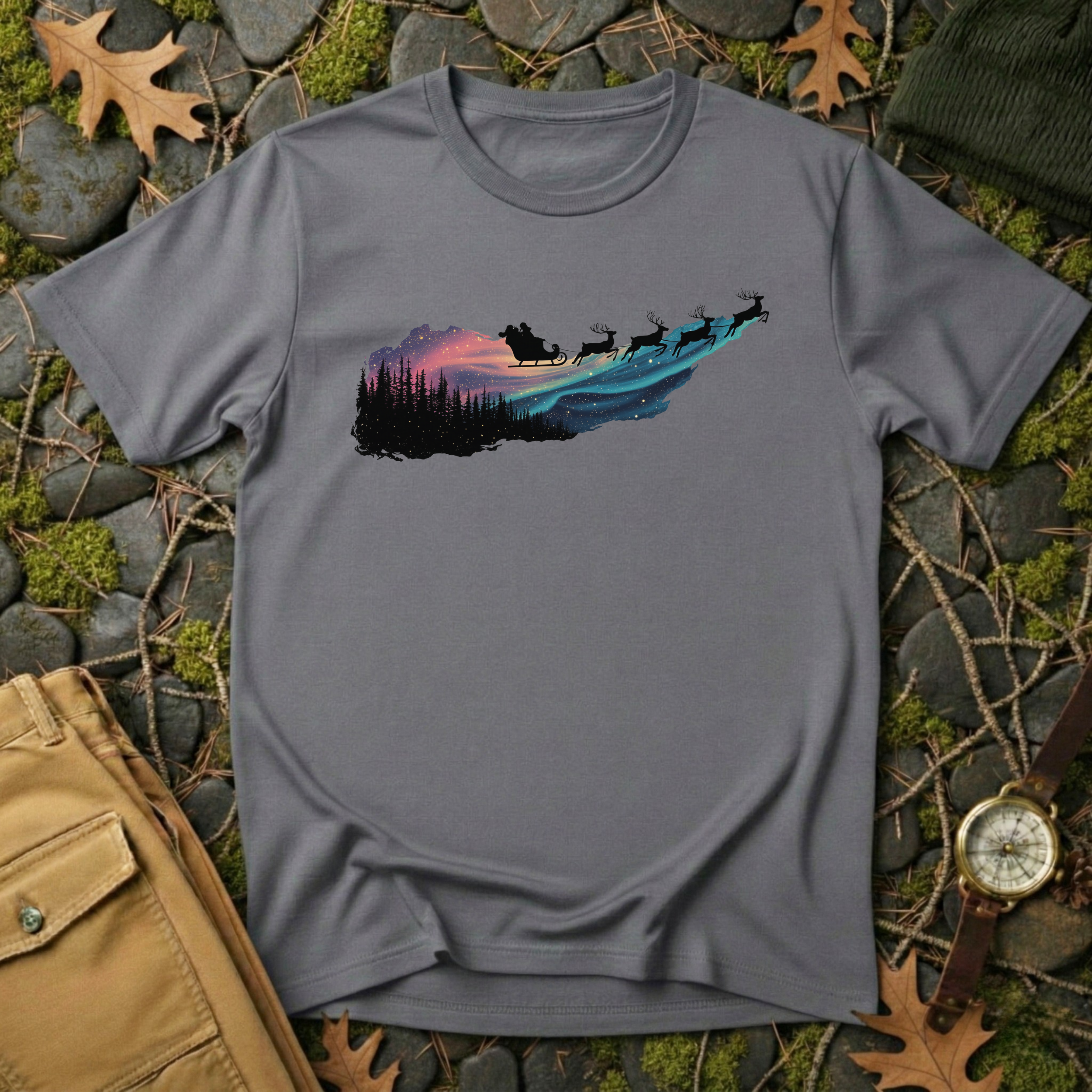 Silent Flight - Northern Lights Santa T-Shirt