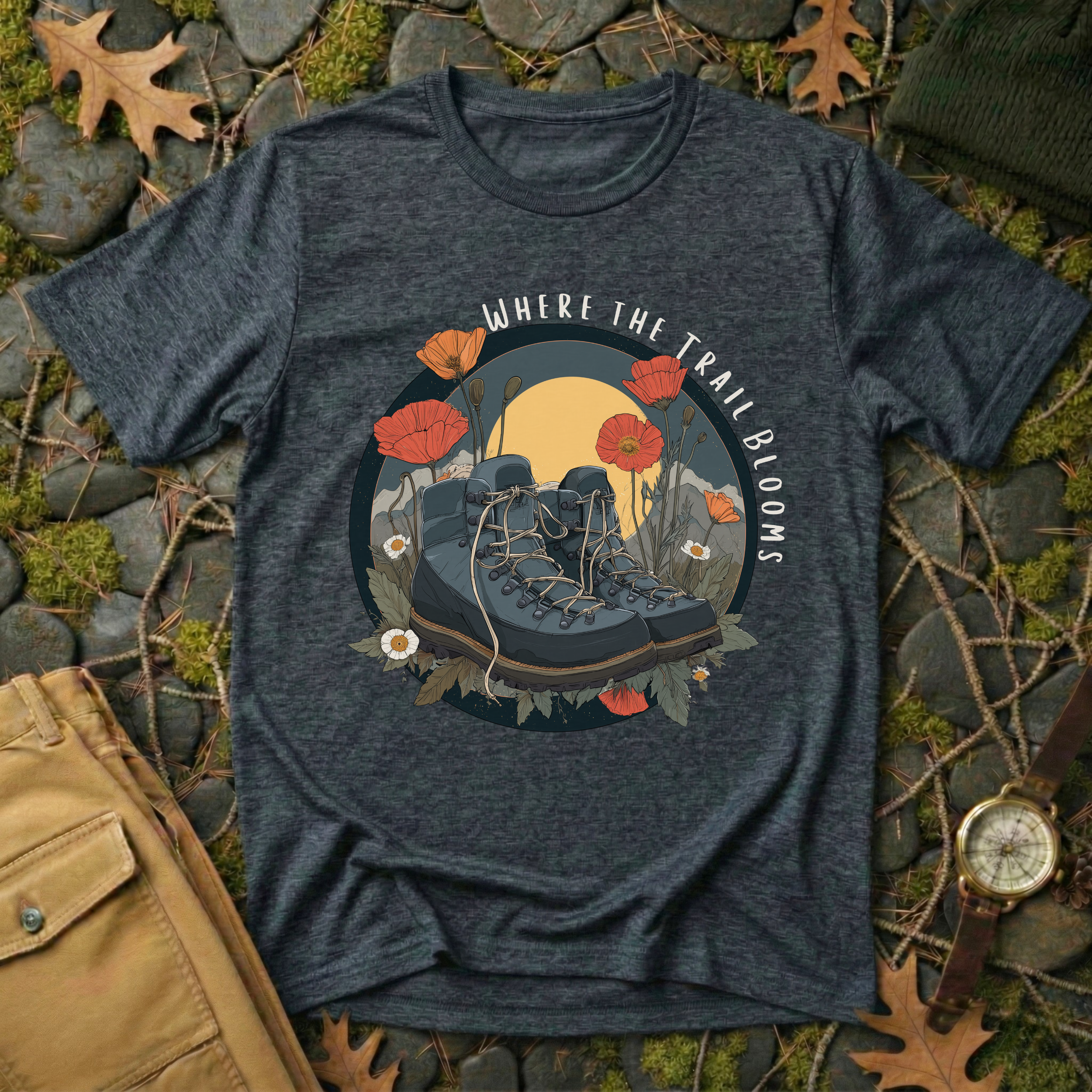 Trail Bloom Wanderer - Hiking Boots & Wildflower T-Shirt