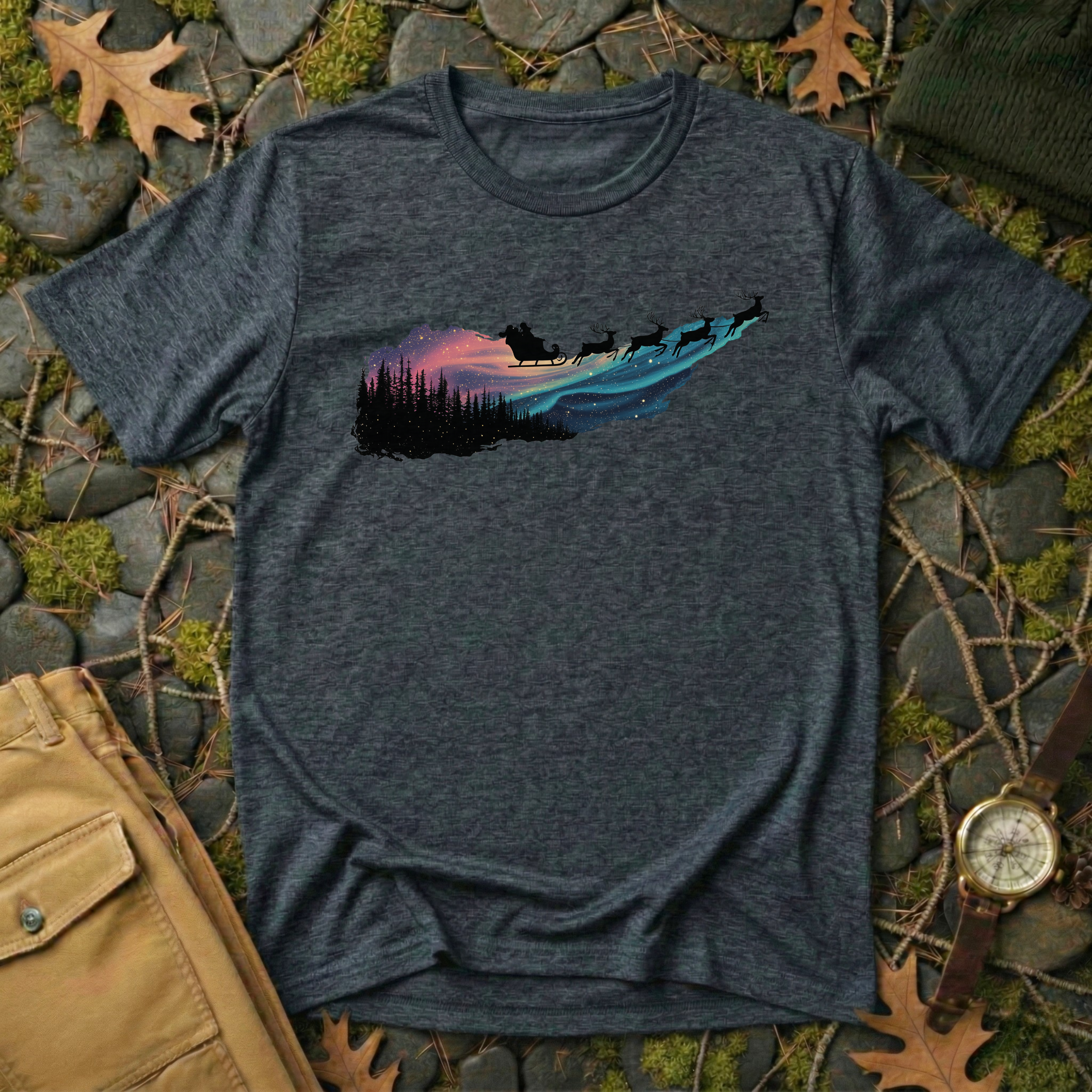 Silent Flight - Northern Lights Santa T-Shirt