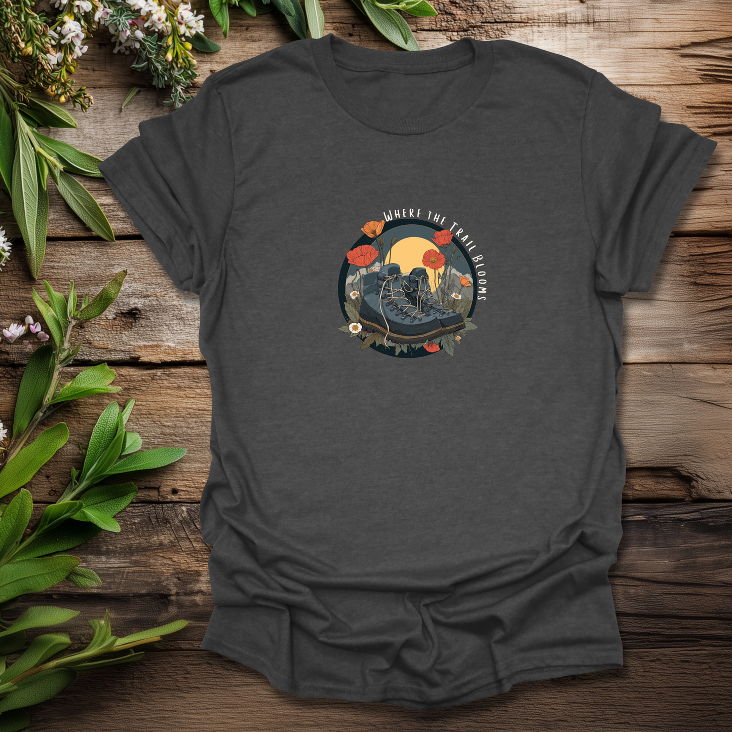 Trail Bloom Wanderer - Hiking Boots & Wildflower T-Shirt