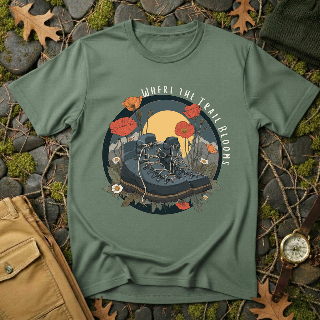 Trail Bloom Wanderer - Hiking Boots & Wildflower T-Shirt