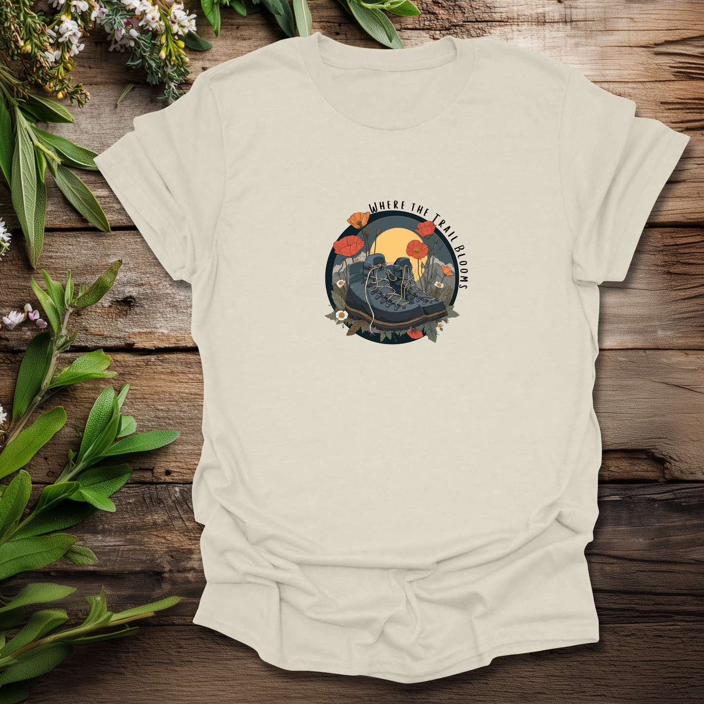 Trail Bloom Wanderer - Hiking Boots & Wildflower T-Shirt