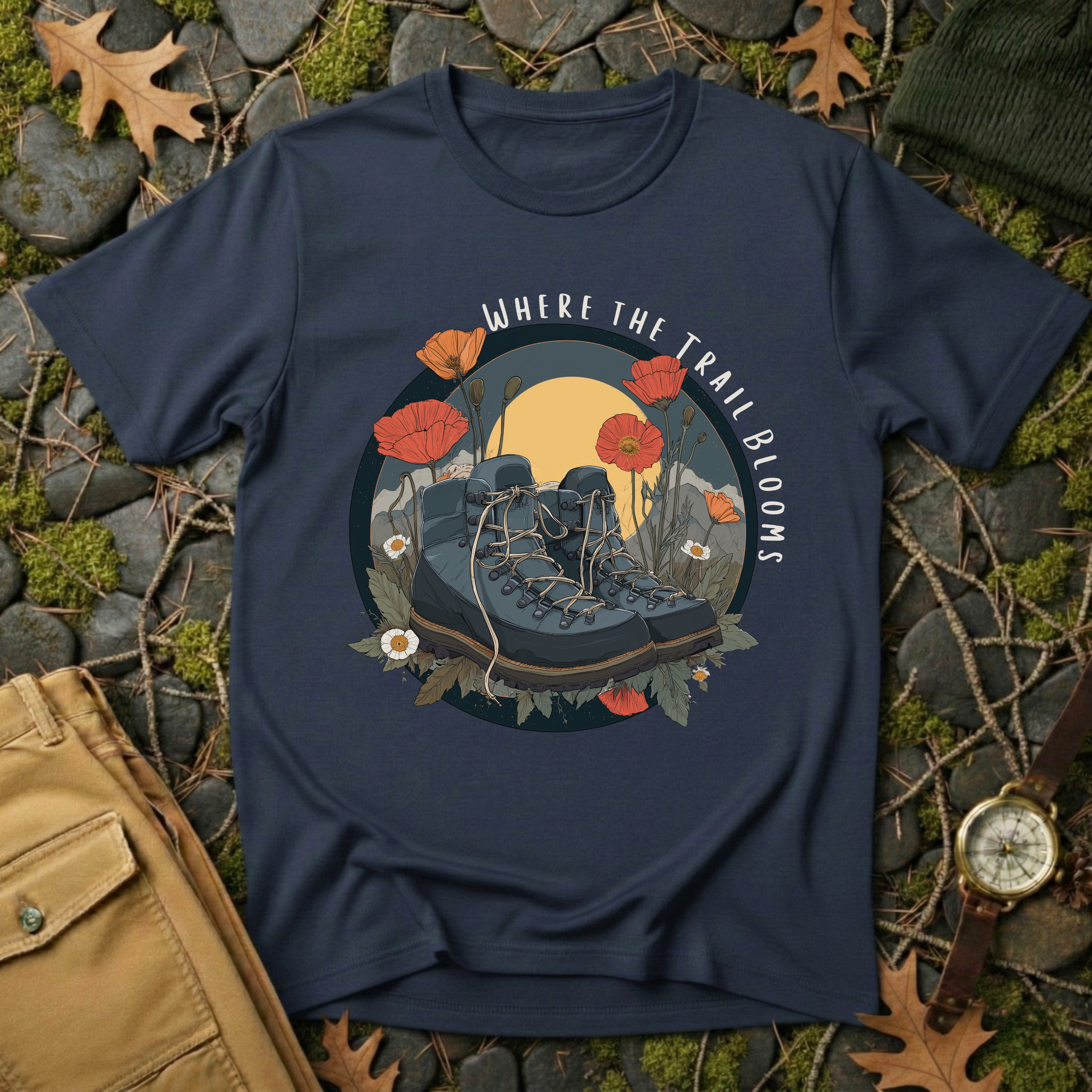 Trail Bloom Wanderer - Hiking Boots & Wildflower T-Shirt