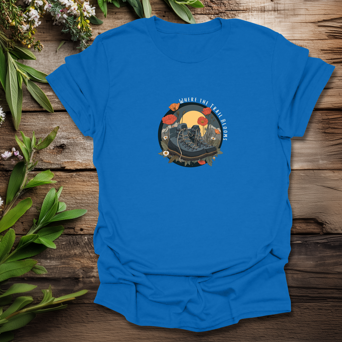 Trail Bloom Wanderer - Hiking Boots & Wildflower T-Shirt