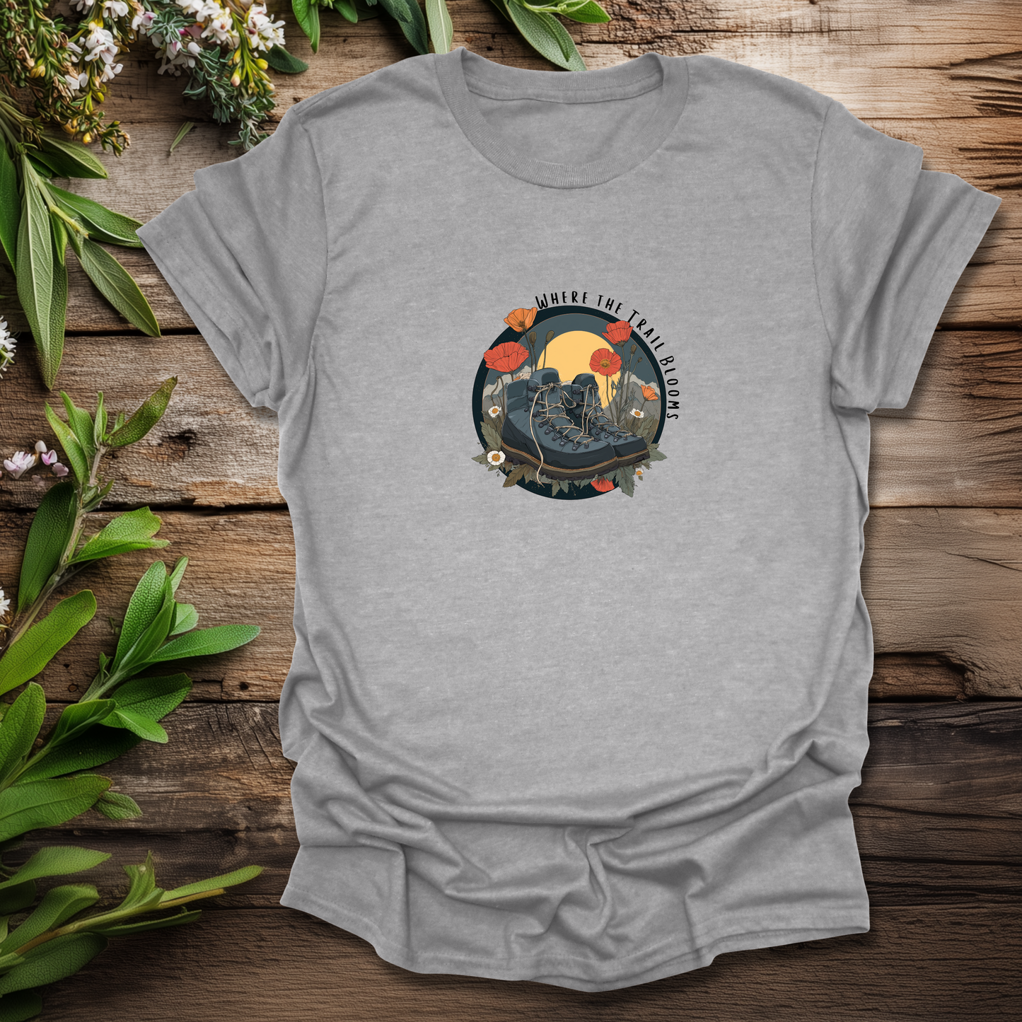 Trail Bloom Wanderer - Hiking Boots & Wildflower T-Shirt