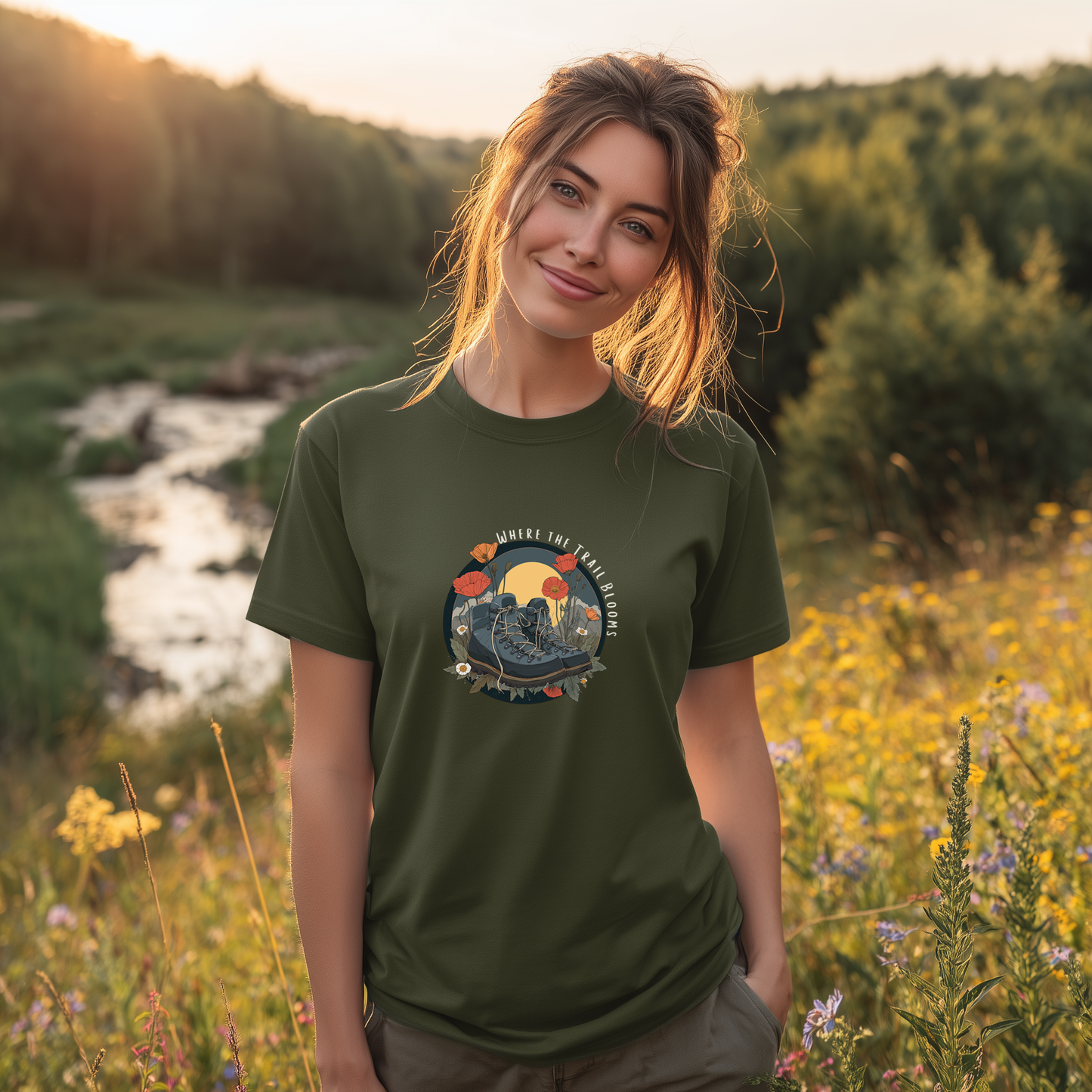 Trail Bloom Wanderer - Hiking Boots & Wildflower T-Shirt