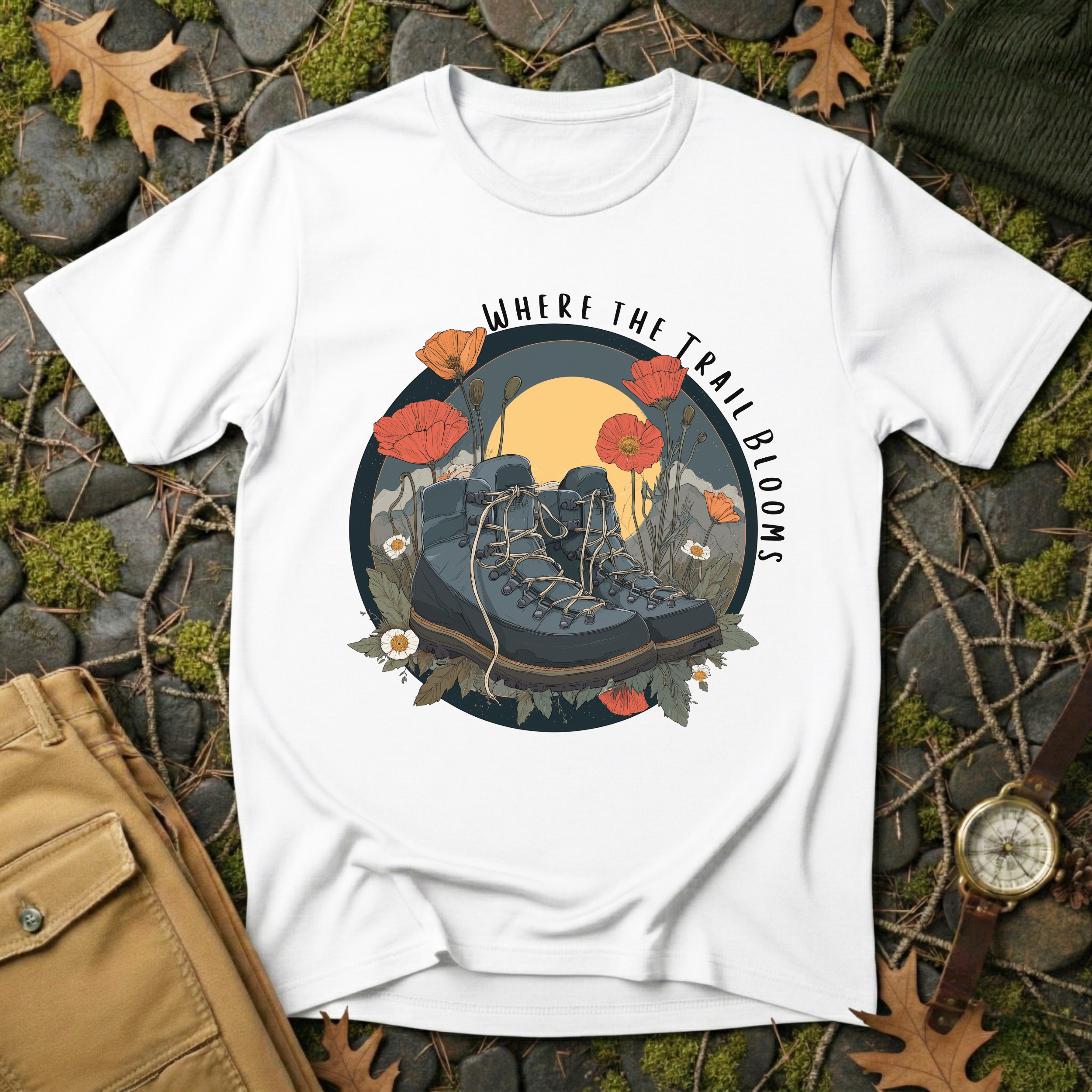Trail Bloom Wanderer - Hiking Boots & Wildflower T-Shirt