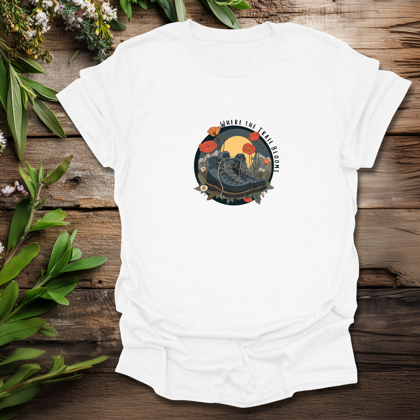 Trail Bloom Wanderer - Hiking Boots & Wildflower T-Shirt